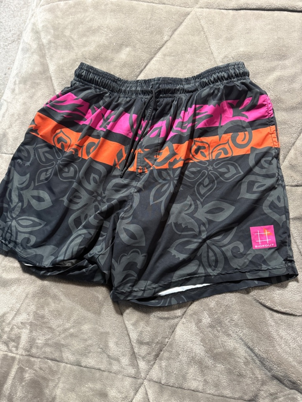 Sideout volleyball Strom Black Floral Swim Shorts with Pink & Orange Accents